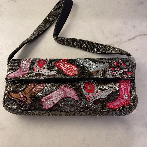 COWGIRL BOOTS BEADED Embellished Western Theme Women's Bag - Picture 5 of 5